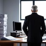 ** A modern Polish lawyer working at a sleek, minimalist desk, surrounded by multiple monitors displaying legal documents and data analysis software. In the background, blurred silhouettes of older lawyers are depicted sifting through stacks of paper files. This symbolizes the transition from traditional methods to digital tools and the need to bridge the experience gap between generations.

**
