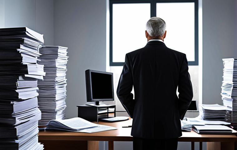 ** A modern Polish lawyer working at a sleek, minimalist desk, surrounded by multiple monitors displaying legal documents and data analysis software. In the background, blurred silhouettes of older lawyers are depicted sifting through stacks of paper files. This symbolizes the transition from traditional methods to digital tools and the need to bridge the experience gap between generations.

**