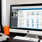 **An organized lawyer's office showcasing CRM software on a computer screen, displaying client data and upcoming appointments, symbolizing efficiency and client relationship management.**
