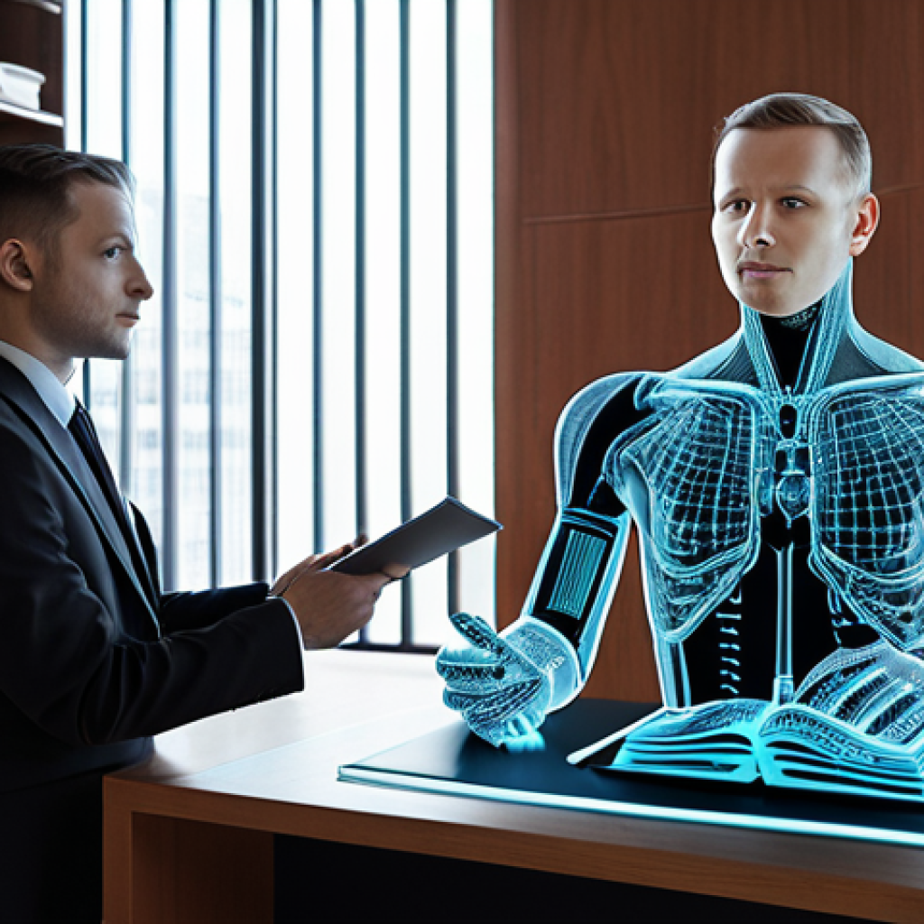 **Prompt for Image 1 (LegalTech & AI):**
    A visionary Polish lawyer, confidently interacting with an advanced holographic interface displaying intricate legal data, precedents, and predictive analytics. In the background, a subtle blend of sleek, modern office architecture and a few traditional, leather-bound law books. The scene should convey speed, precision, and the seamless integration of artificial intelligence and automation in contemporary legal practice. Focus on digital sophistication, clean lines, and a futuristic yet professional aesthetic.