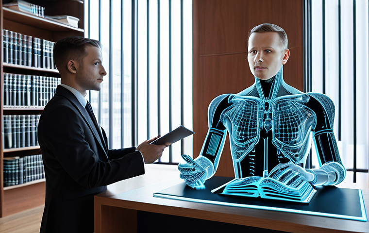 **Prompt for Image 1 (LegalTech & AI):**
    A visionary Polish lawyer, confidently interacting with an advanced holographic interface displaying intricate legal data, precedents, and predictive analytics. In the background, a subtle blend of sleek, modern office architecture and a few traditional, leather-bound law books. The scene should convey speed, precision, and the seamless integration of artificial intelligence and automation in contemporary legal practice. Focus on digital sophistication, clean lines, and a futuristic yet professional aesthetic.